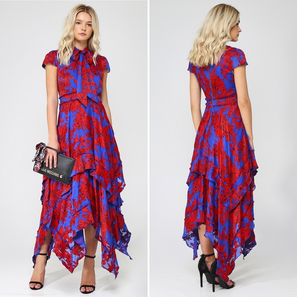 ALICE + OLIVIA Ilia Ruffle Crepe-de-Chine Floral Maxi Dress Sz 2